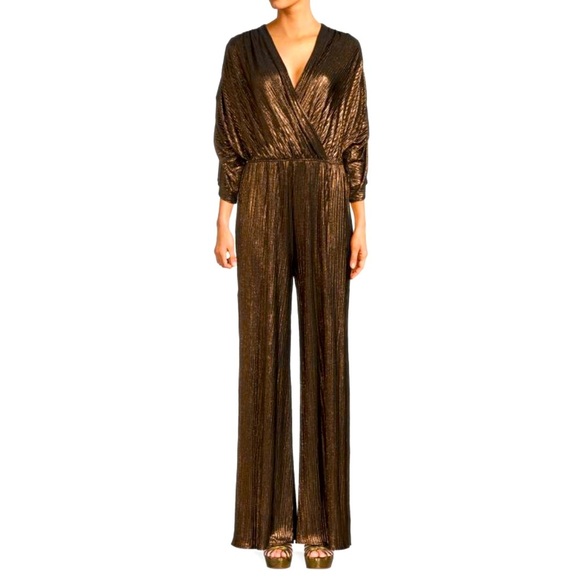 NWT Express Long Sleeve V Neck Metallic Jumpsuit Coktail Romper Party - Picture 1 of 5